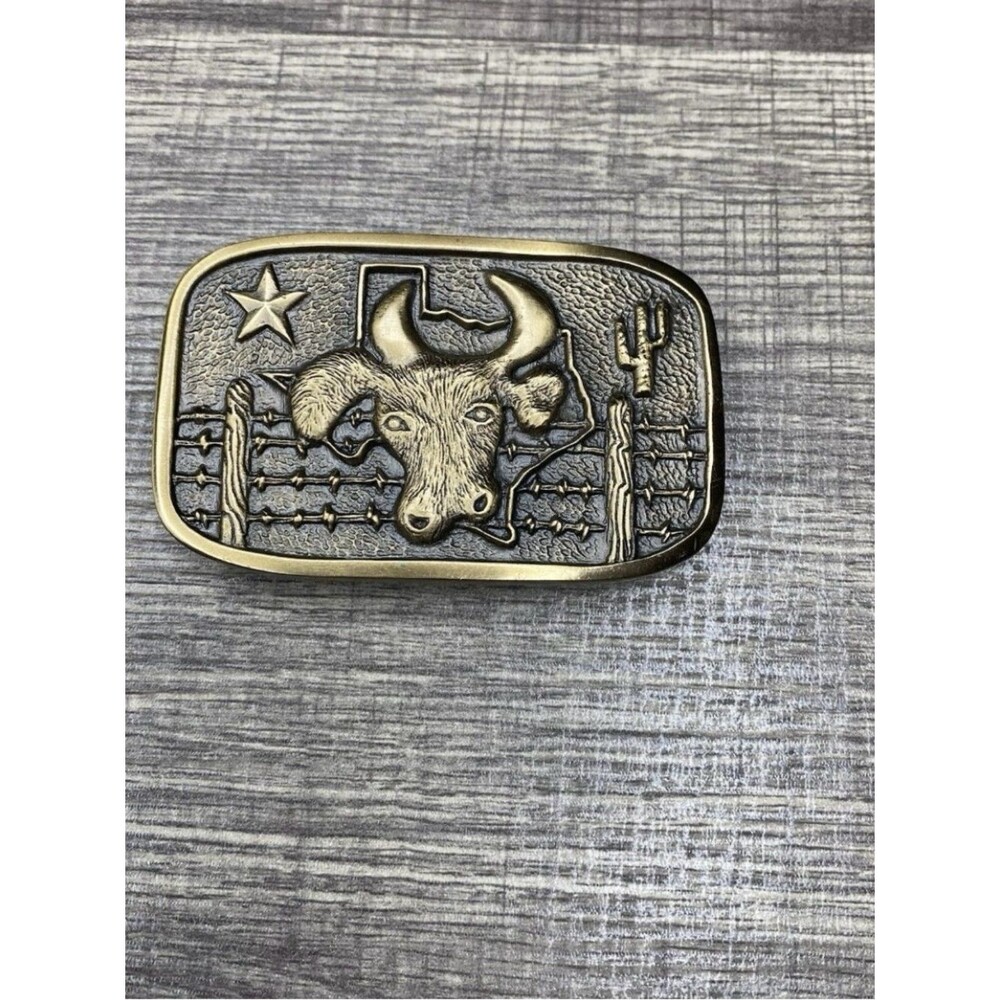 VTG Texas Longhorn Brass Belt Buckle Lone Star Cactus Barbed Wire Bull Western